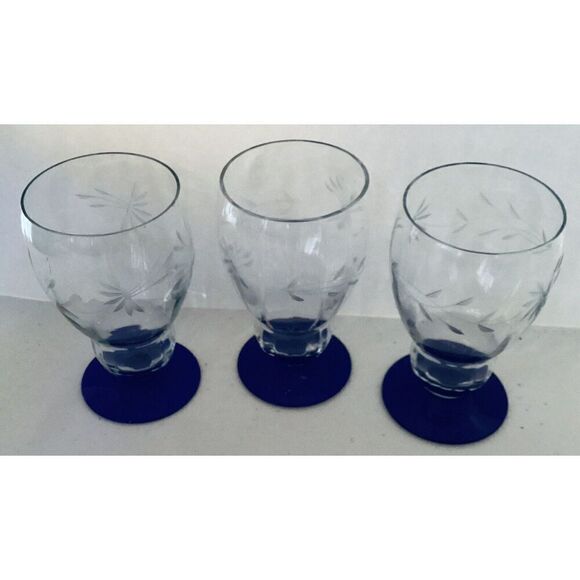 Weston/ Louie Glass - Beverage Glasses -Cobalt Blue Etched Leaves- Set of 3 - Picture 4 of 7